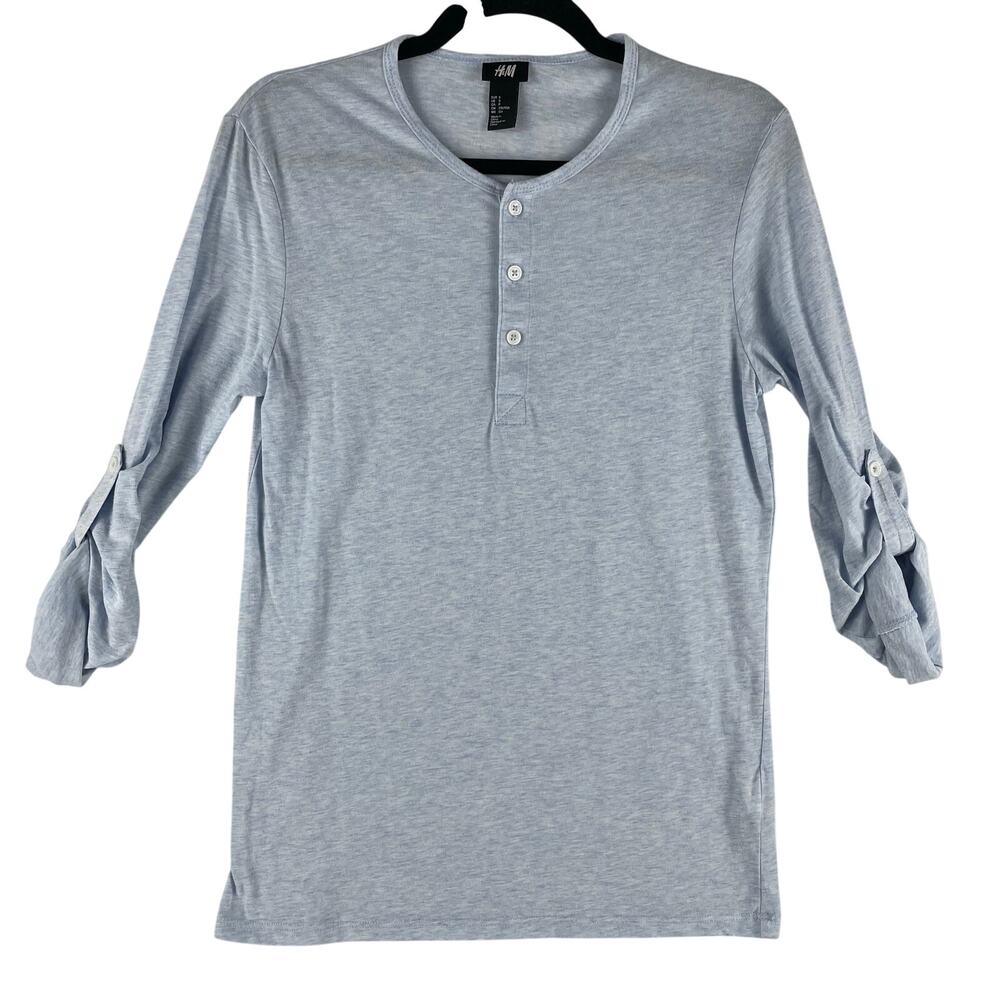 H&M Mens Cotton Jersey Henley Shirt S Light Blue Melange Roll Tab Sleeve